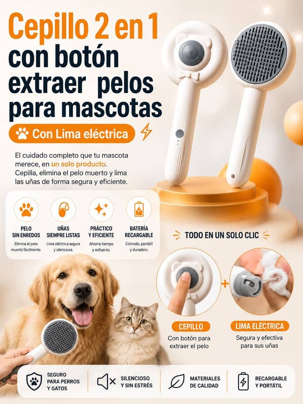 Cepillo para mascotas 2 en 1 con lima electrica